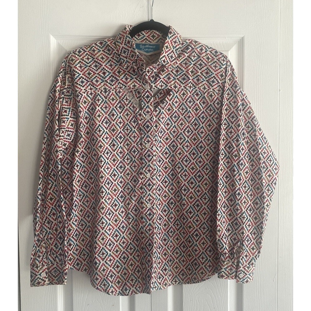 Southwest Canyon Cutout Geometric‎ Button Down Womens Size L Multi Color Cotton